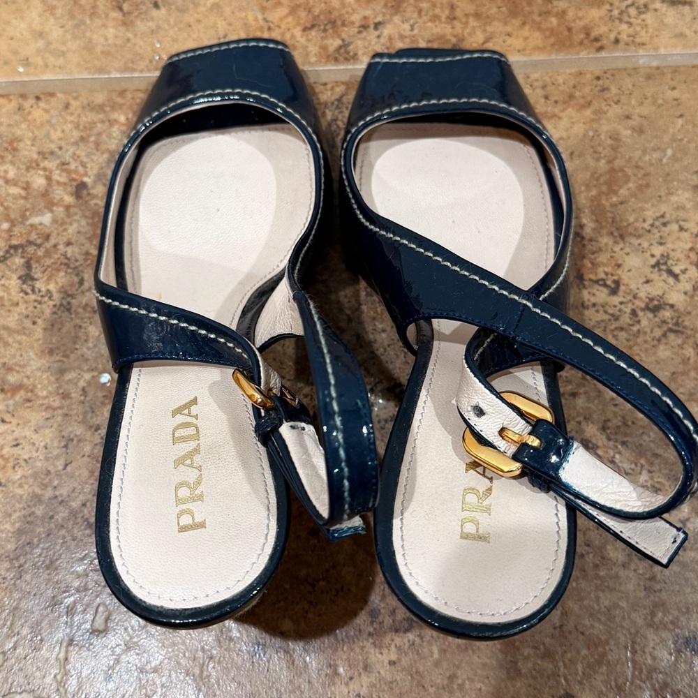 Prada Black‎ Patent Leather Peep Toe Espadrille Wedge Pumps Size 37 - Picture 3 of 14